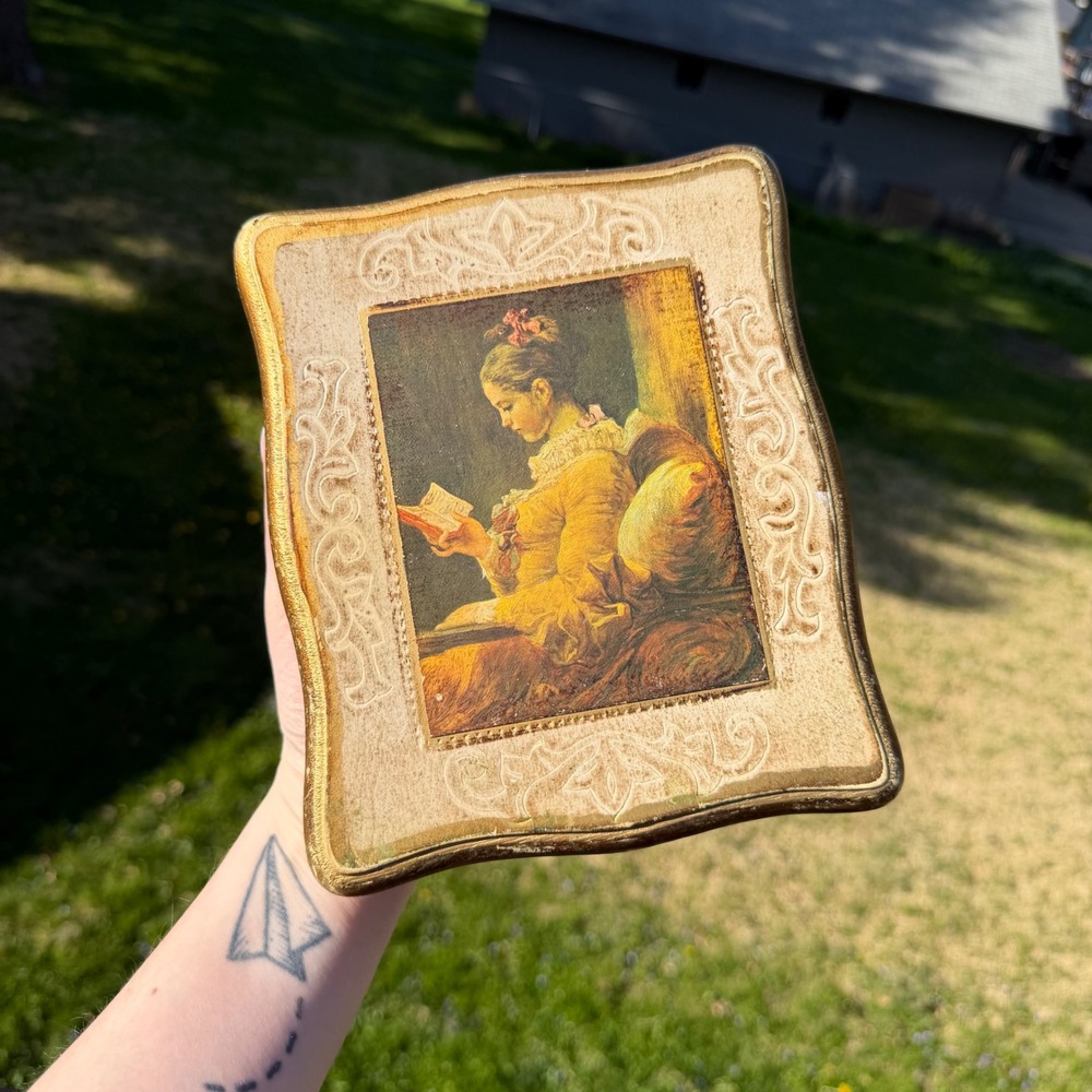 Vintage Italian Florentine Wood Jewelry Box Gold Gilt Fragonard Reading Woman